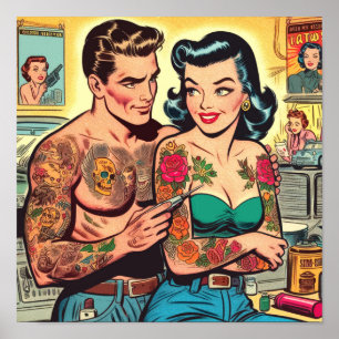 Póster Historietas antiguas de parejas de tatuajes