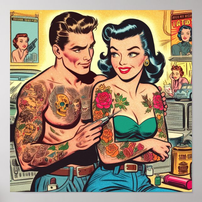Póster Historietas antiguas de parejas de tatuajes (Frente)