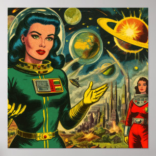 Póster Historietas de mujeres de ciencia ficción vintage