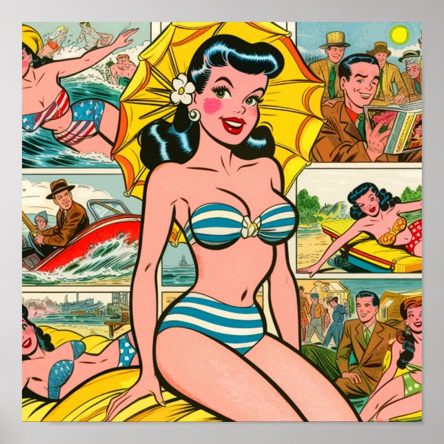 Póster Historietas de verano del Chica Retro Bikini (Frente)