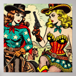 Póster Historietas de Vintage Western Cowgirl
