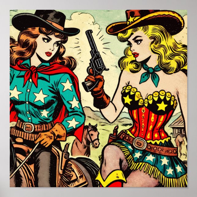 Póster Historietas de Vintage Western Cowgirl (Frente)