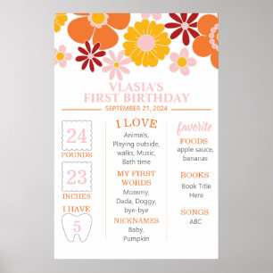 Póster Hito del primer cumpleaños floral retro groovy