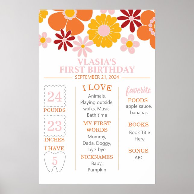 Póster Hito del primer cumpleaños floral retro groovy (Frente)