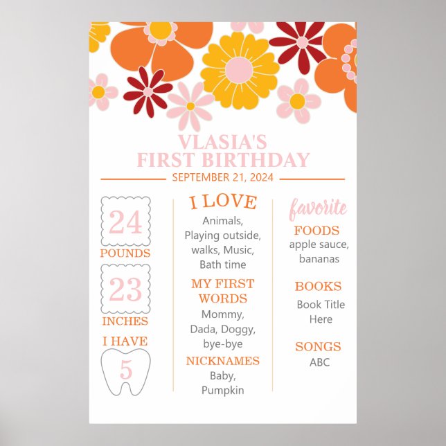 Póster Hito del primer cumpleaños floral retro groovy (Frente)