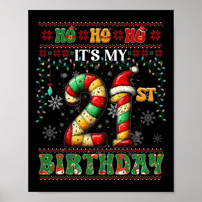 Póster Ho cómo es mi 21 cumpleaños Navidad Candy Cane 21 (Frente)