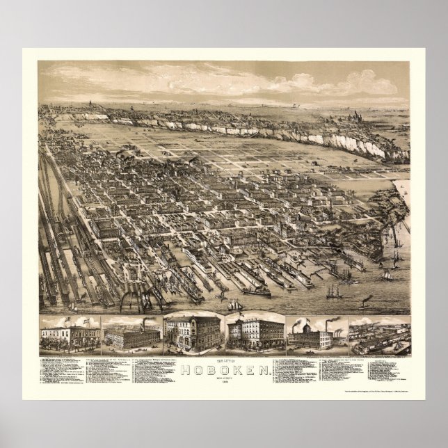 Póster Hoboken, Mapa Panorámico NJ - 1881 (Frente)
