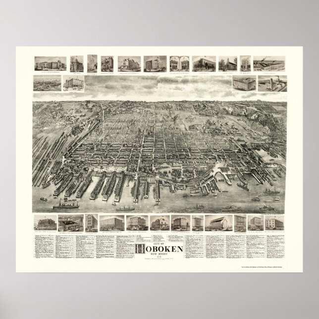 Póster Hoboken, Mapa Panorámico NJ - 1904 (Frente)