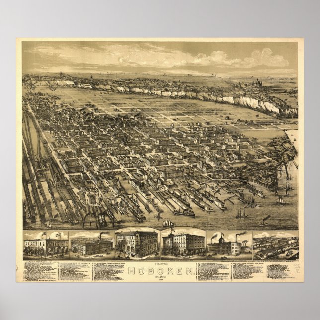 Póster Hoboken New Jersey 1881 Antique Panoramic Map (Frente)