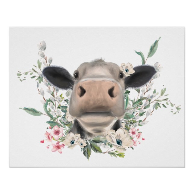 Póster hocico de nariz de vaca besar flores acuarela gris (Anverso)