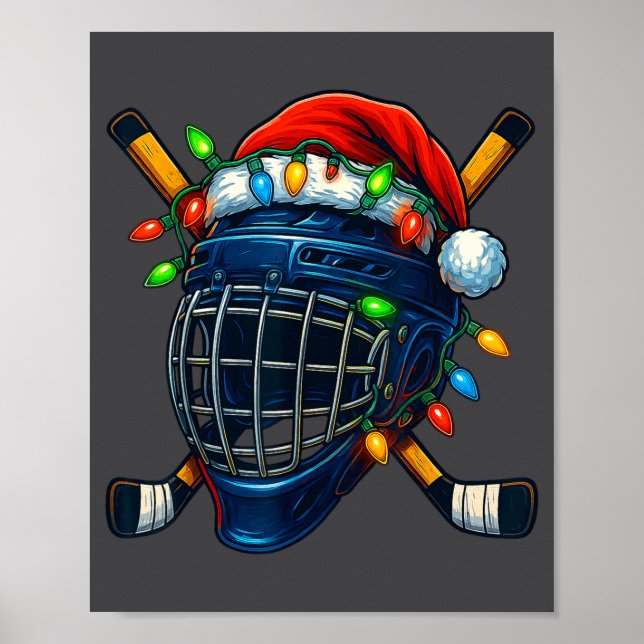 Póster Hockey Helmet Christmas Lights Santa Hat Design Xm (Frente)