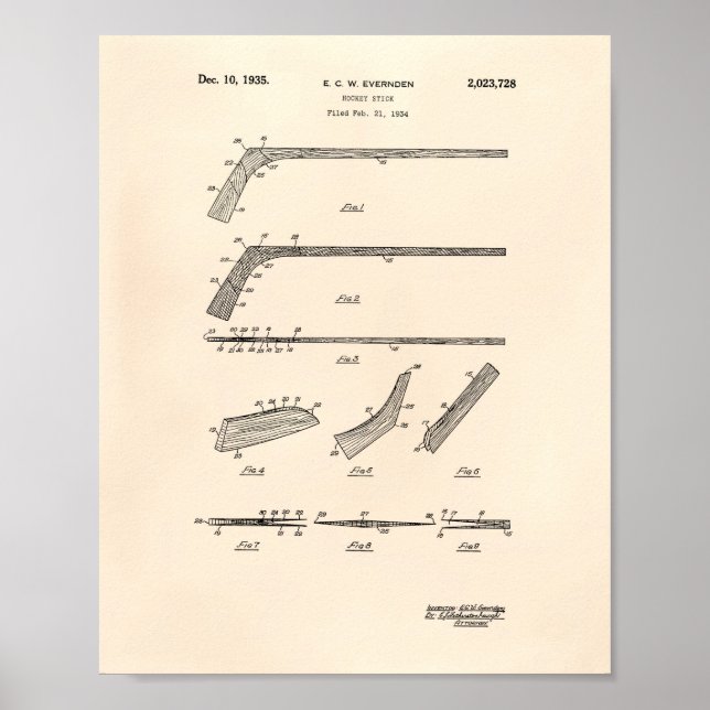 Póster Hockey Stick 1935 Patent Art - Peper antiguo (Frente)