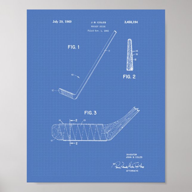 Póster Hockey Stick 1966 Patent Art - Blueprint (Frente)