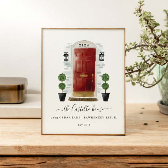 Póster Hogar Dulce Familia Red Watercolor Family Puerta (Home Sweet Home Family Red Watercolor Family Door Poster)