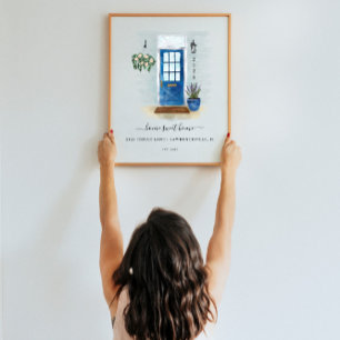 Póster Hogar Dulce Hogar Acuarela Estilo País Puerta Azul