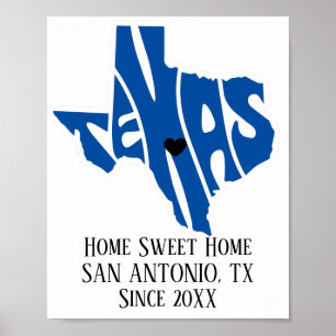 Póster Hogar dulce hogar San Antonio Texas Blue State Map