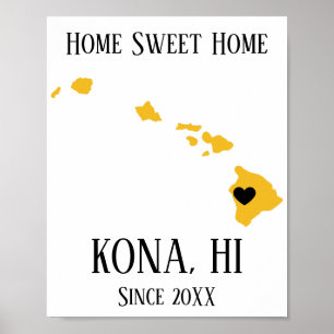 Póster Hogar dulce Kona Hawaii Mapa estatal de oro