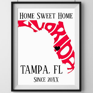 Póster Hogar dulce Tampa Florida Mapa del Estado Rojo