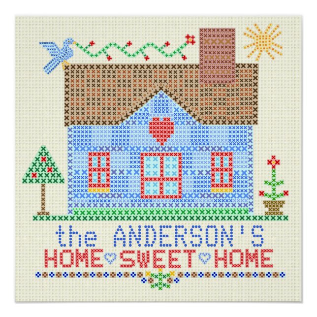 Póster Hogar Sweet Home Cross Stitch House Personalizado (Anverso)