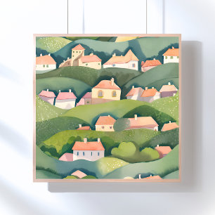 Póster Hogares en la ladera   Pintura acuarela ligera de 