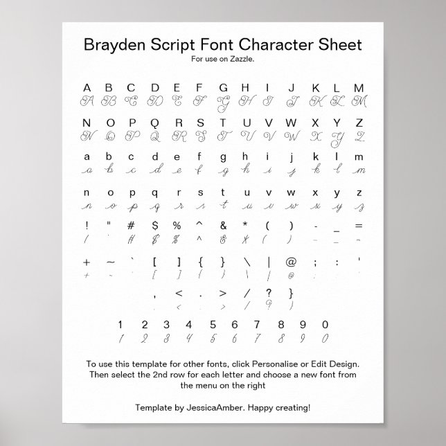 Póster Hoja de caracteres de guión de Brayden para zazzle (Frente)