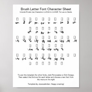 Póster Hoja de caracteres de la fuente de letra a pincel 