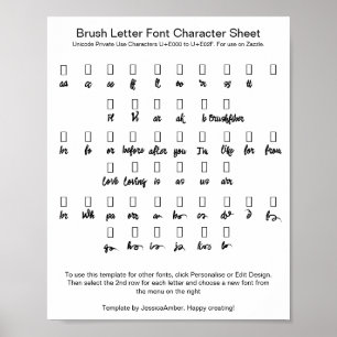 Póster Hoja de caracteres de la fuente de letra a pincel 