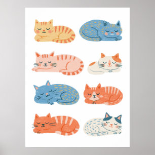 Póster Hoja de Clip Art de Gatos Dormidos Dibujados a Man