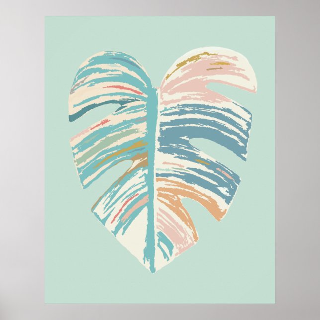 Póster Hoja de Monstera - Turquesa, Verde, Coral, Mostaza (Frente)