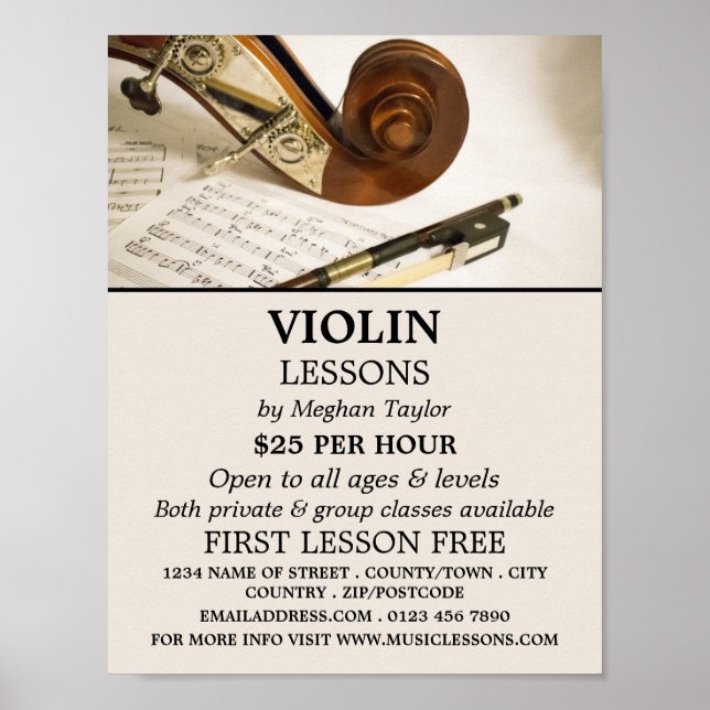 Póster Hoja de notas de violín, publicidad de lecciones d (Frente)