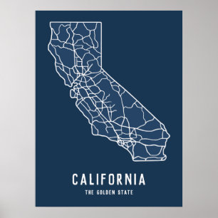 Póster Hoja de ruta del estado de Estados Unidos en Calif