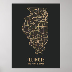 Póster Hoja de ruta del estado de Illinois - mapa del est