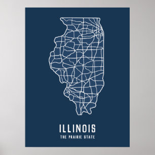 Póster Hoja de ruta del estado de Illinois - mapa del est