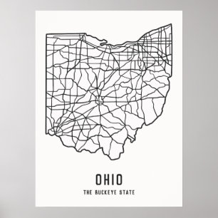 Póster Hoja de ruta del estado de Ohio - Mapa del estado 