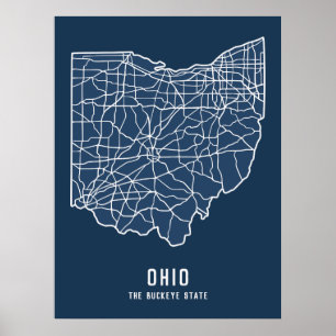 Póster Hoja de ruta del estado de Ohio - Mapa del estado 