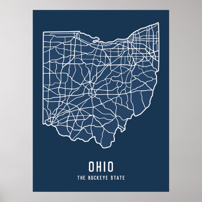 Póster Hoja de ruta del estado de Ohio - Mapa del estado  (Frente)