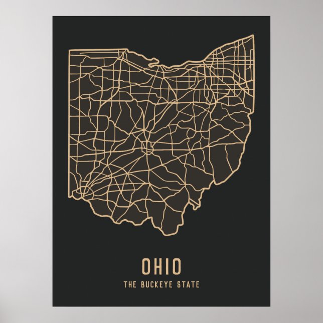 Póster Hoja de ruta del estado de Ohio - Mapa del estado  (Frente)