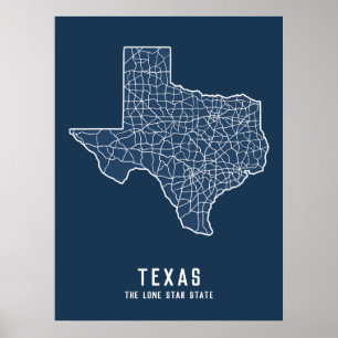Póster Hoja de ruta del Estado de Texas - mapa del estado