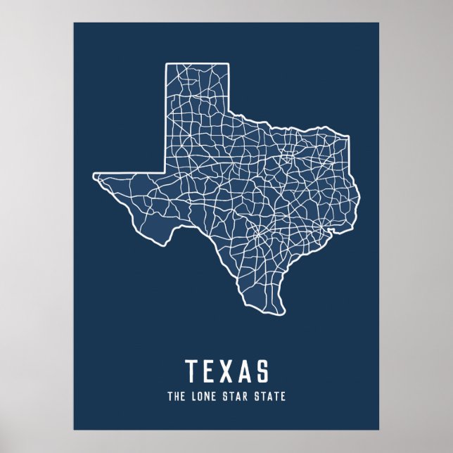 Póster Hoja de ruta del Estado de Texas - mapa del estado (Frente)