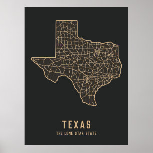 Póster Hoja de ruta del Estado de Texas - mapa del estado