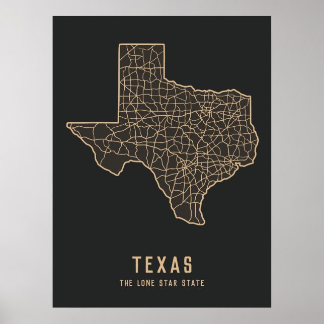 Póster Hoja de ruta del Estado de Texas - mapa del estado (Frente)