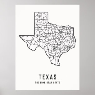 Póster Hoja de ruta del Estado de Texas - mapa del estado