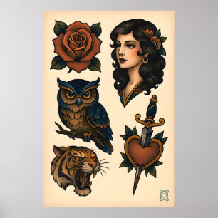 Póster Hoja de tatuajes neo-tradicionales en mate