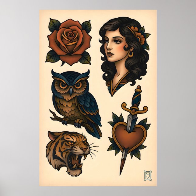Póster Hoja de tatuajes neo-tradicionales en mate (Frente)