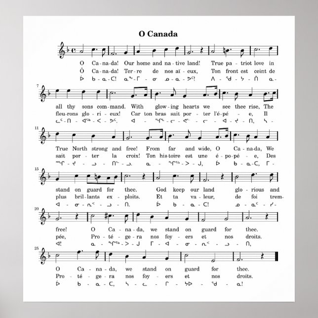 Póster Hoja musical del himno nacional canadiense O' Cana (Frente)
