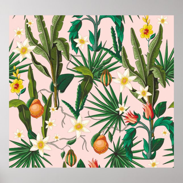Póster Hoja tropical, flor, patrón de fruta. (Frente)