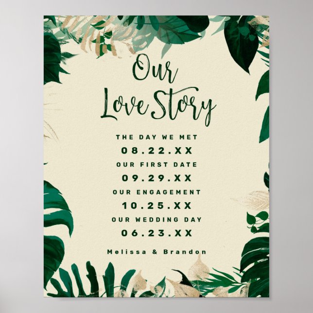 Póster Hoja tropical Nuestra historia de amor Rótulo Boda (Frente)