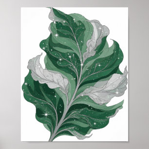 Póster Hoja Verde con Estrellas de Plata Brillante Diseño