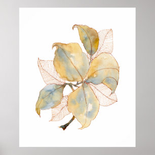 Póster Hojas botánicas acuarelas doradas azules suaves