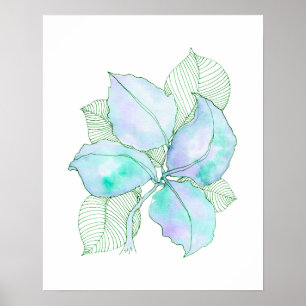 Póster Hojas botánicas acuarelas verde menta lavanda